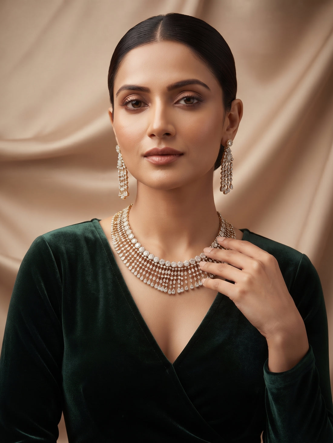 Antique gold necklace and earring set adorned with sparkling CZ stones