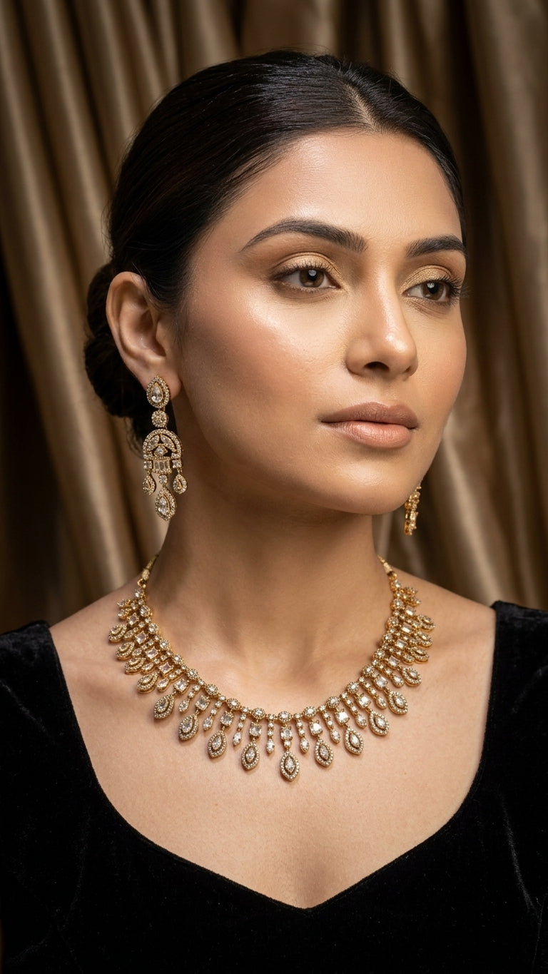 Antique gold necklace and earring set adorned with sparkling CZ stones