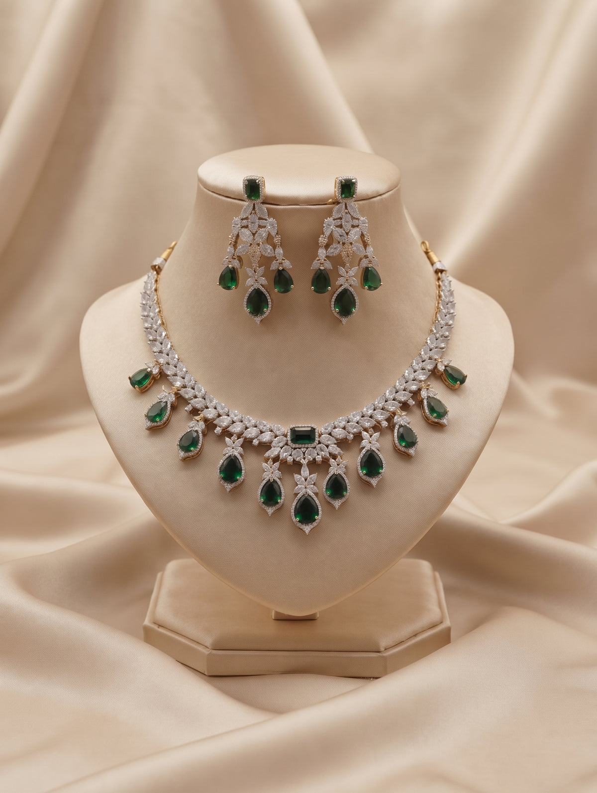 Gold and Rhodium plated necklace earing set with Emerald Green and cubic zirconia crystals