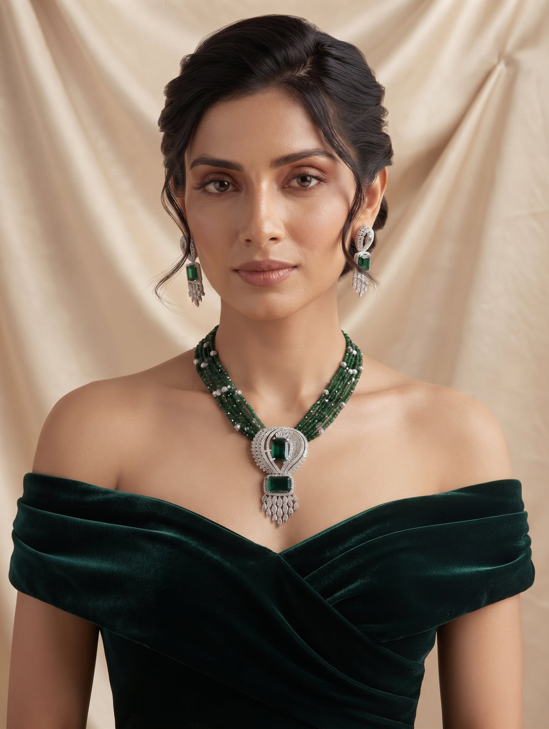 CZ crystal-embellished long rhodium-plated jewelry set with green emerald crystals