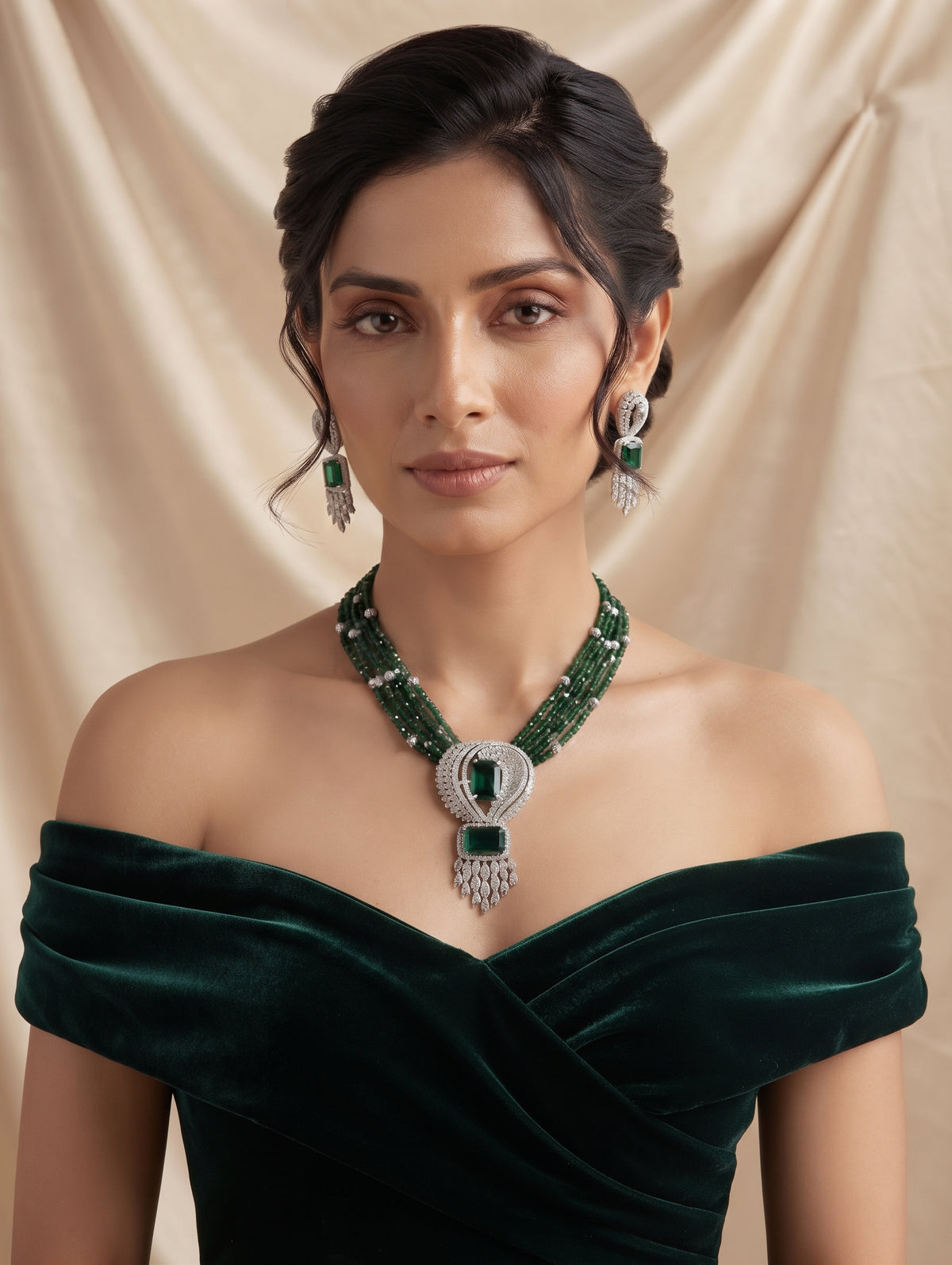 CZ crystal-embellished long rhodium-plated jewelry set with green emerald crystals