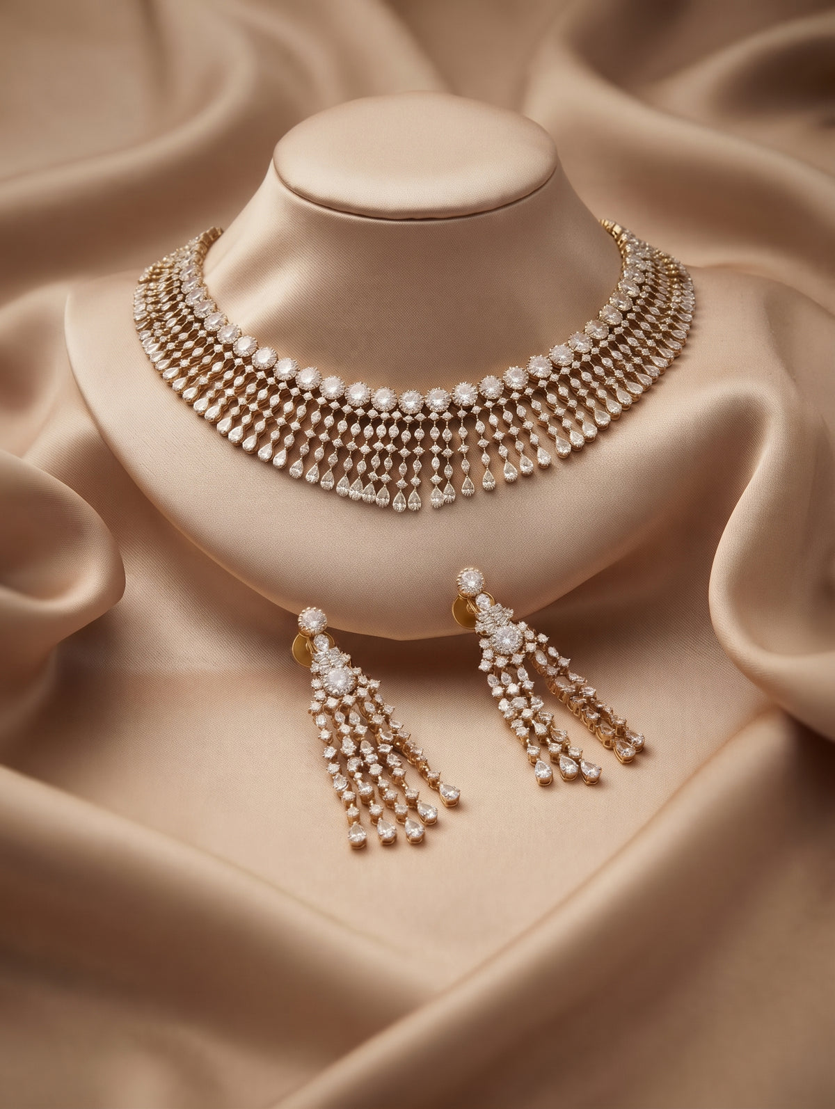 Antique gold necklace and earring set adorned with sparkling CZ stones