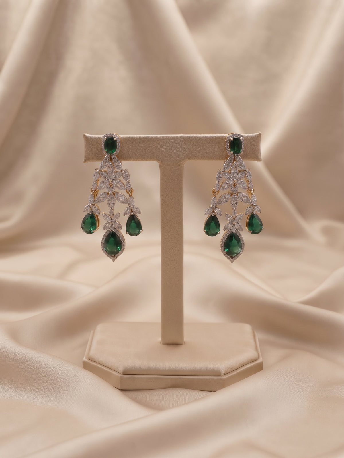 Gold and Rhodium plated necklace earing set with Emerald Green and cubic zirconia crystals