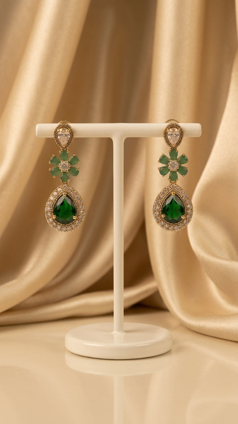 Antique gold necklace earing set with emerald green and CZ crystals