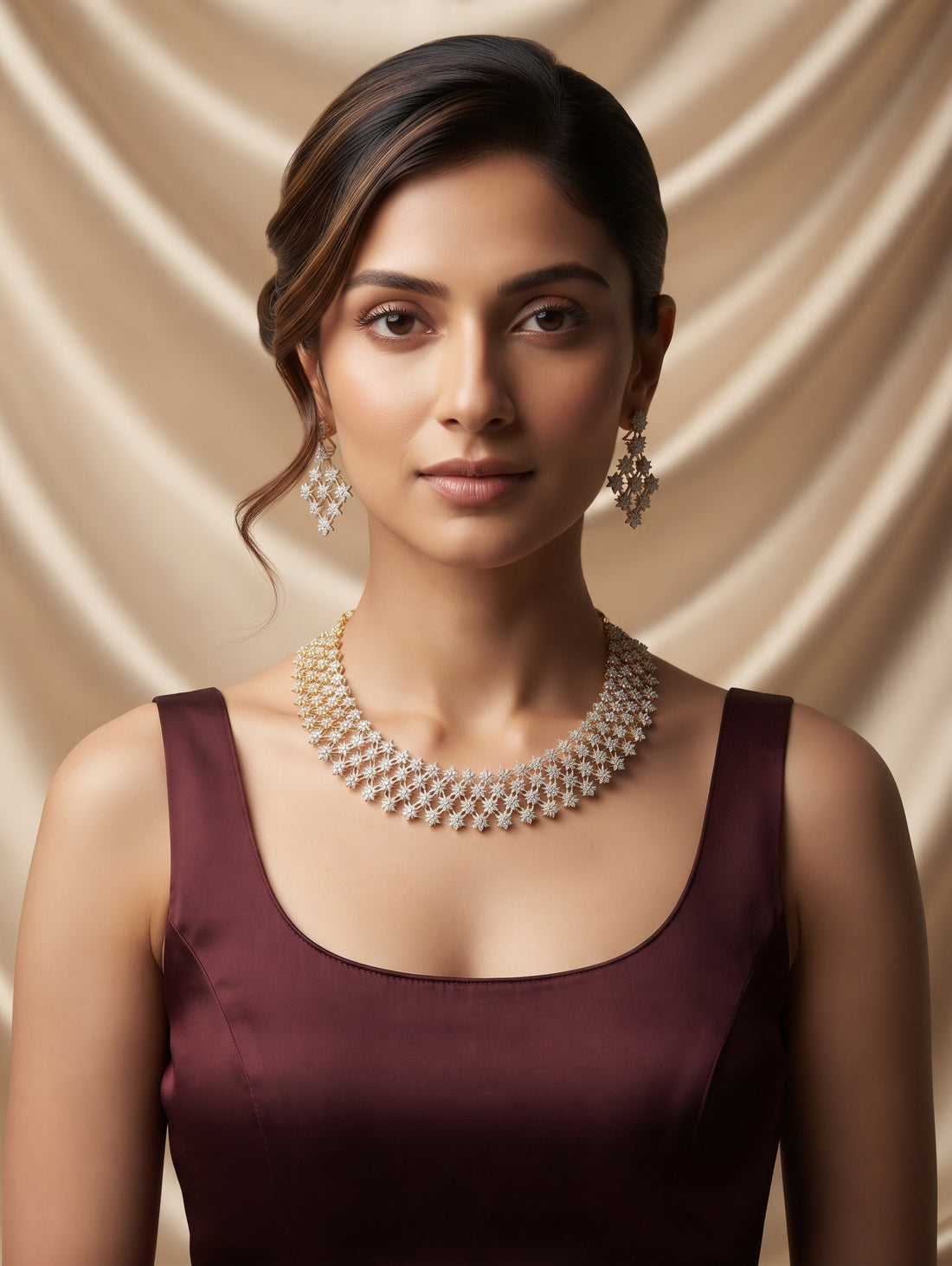 Modern gold-plated necklace and earring set with tika and with brilliant CZ crystals.