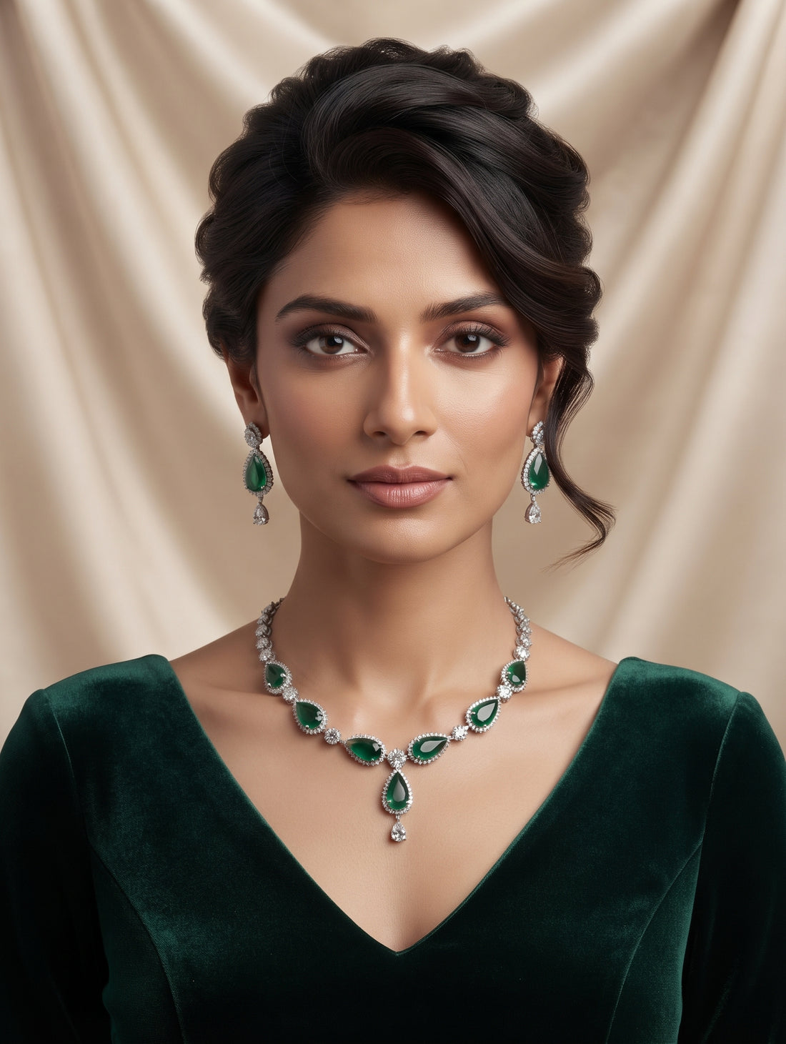 Stylish rhodium plated necklace and earring set adorned with sparkling emerald, green CZ crystals.