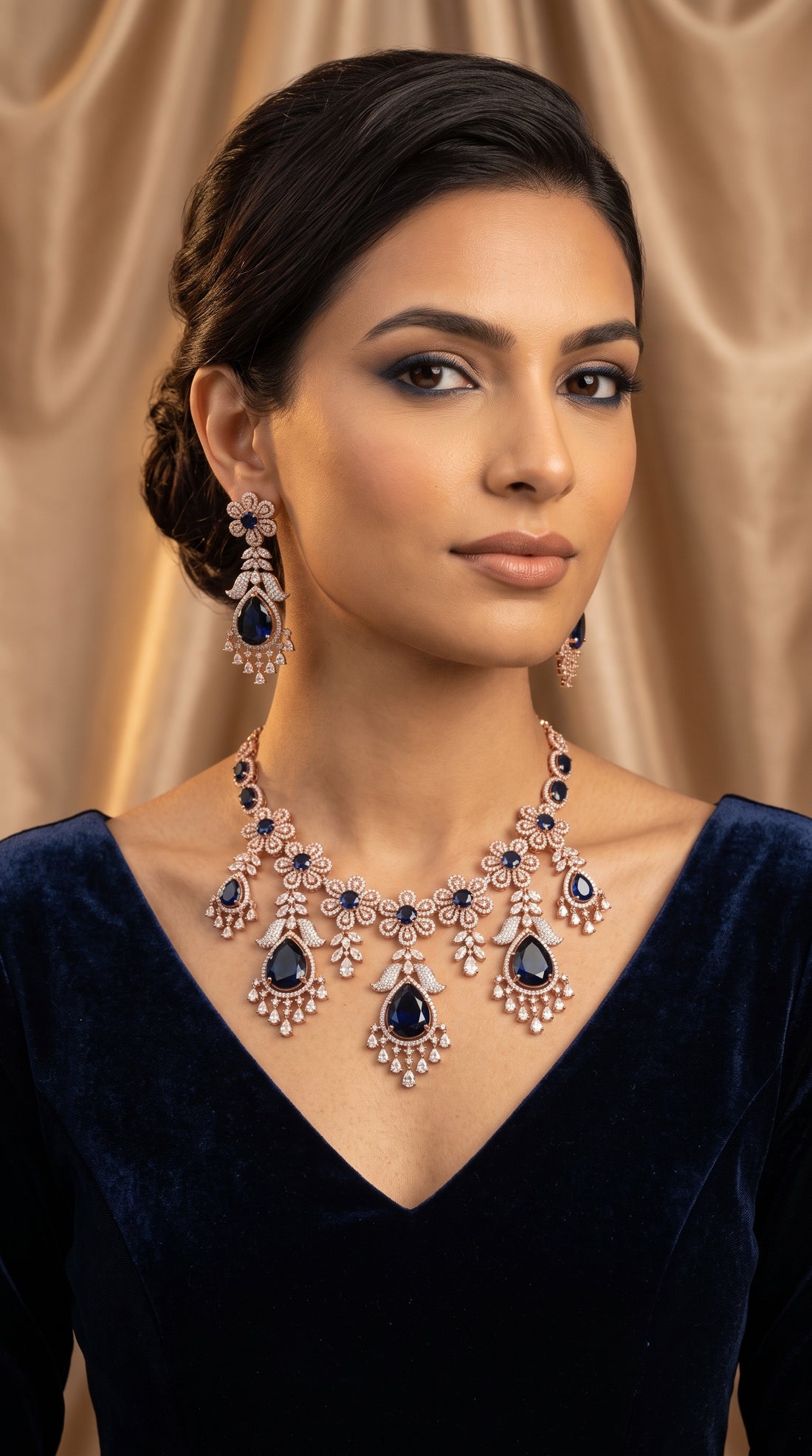 Rose gold plated necklace earring set with blue cubic zirconia crystals