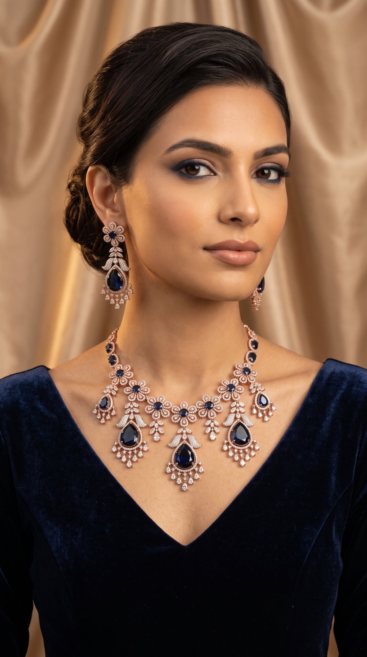 Rose gold plated necklace earring set with blue cubic zirconia crystals