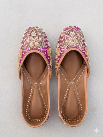 Handcrafted Magenta Pink Pearl & Dabka Embroidered Punjabi Juttis