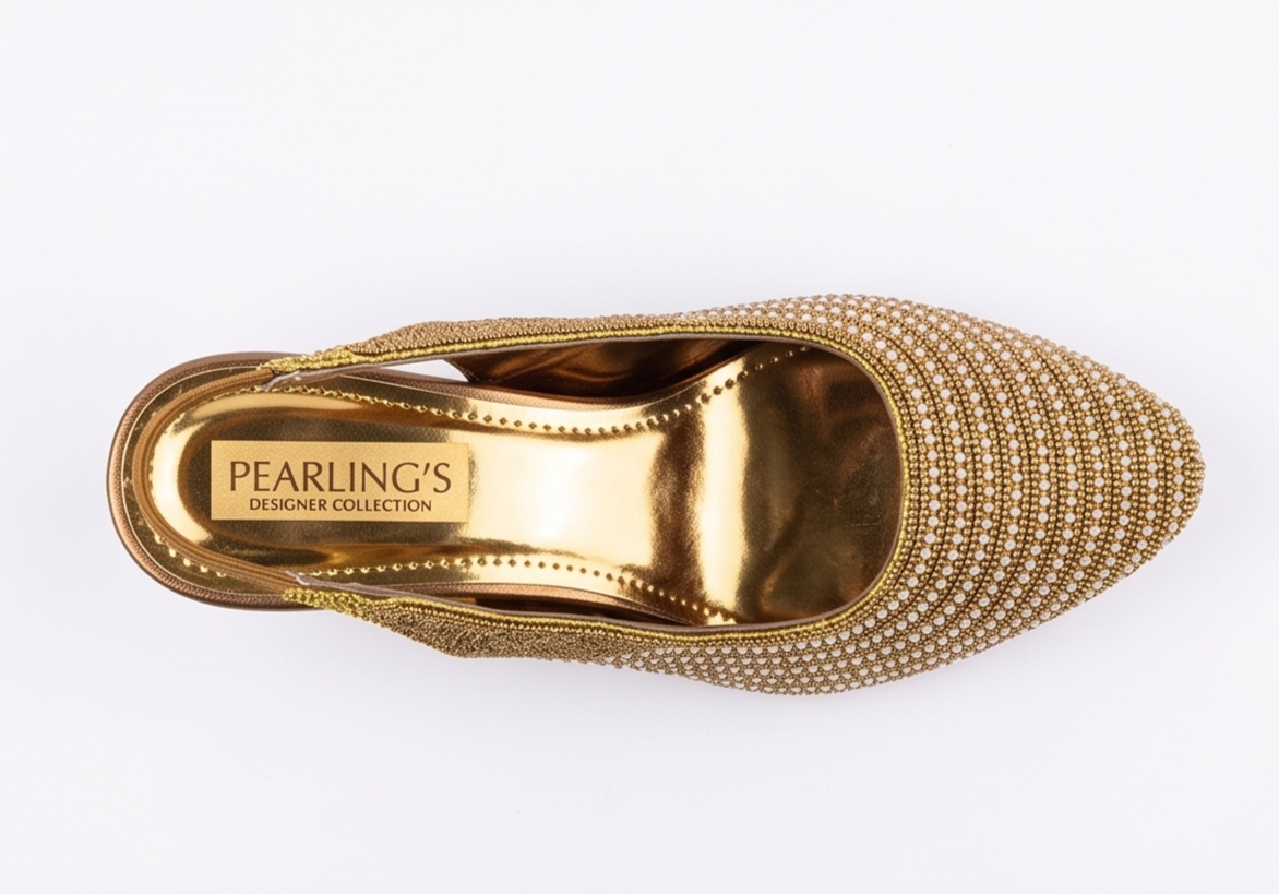 Golden Pearl Beaded Slingback Kitten Heels