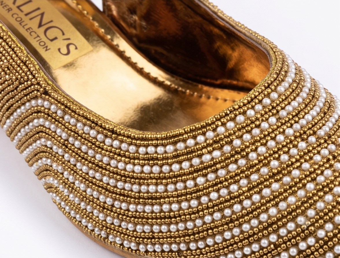 Golden Pearl Beaded Slingback Kitten Heels