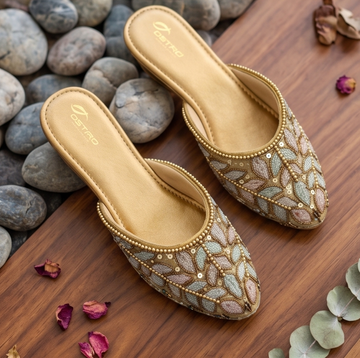 Pastel Embellished Gold Flat Mules