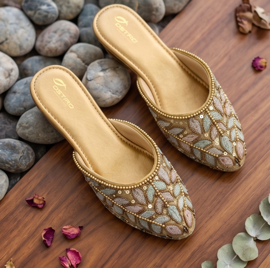 Pastel Embellished Gold Flat Mules