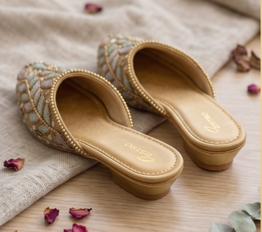 Pastel Embellished Gold Flat Mules