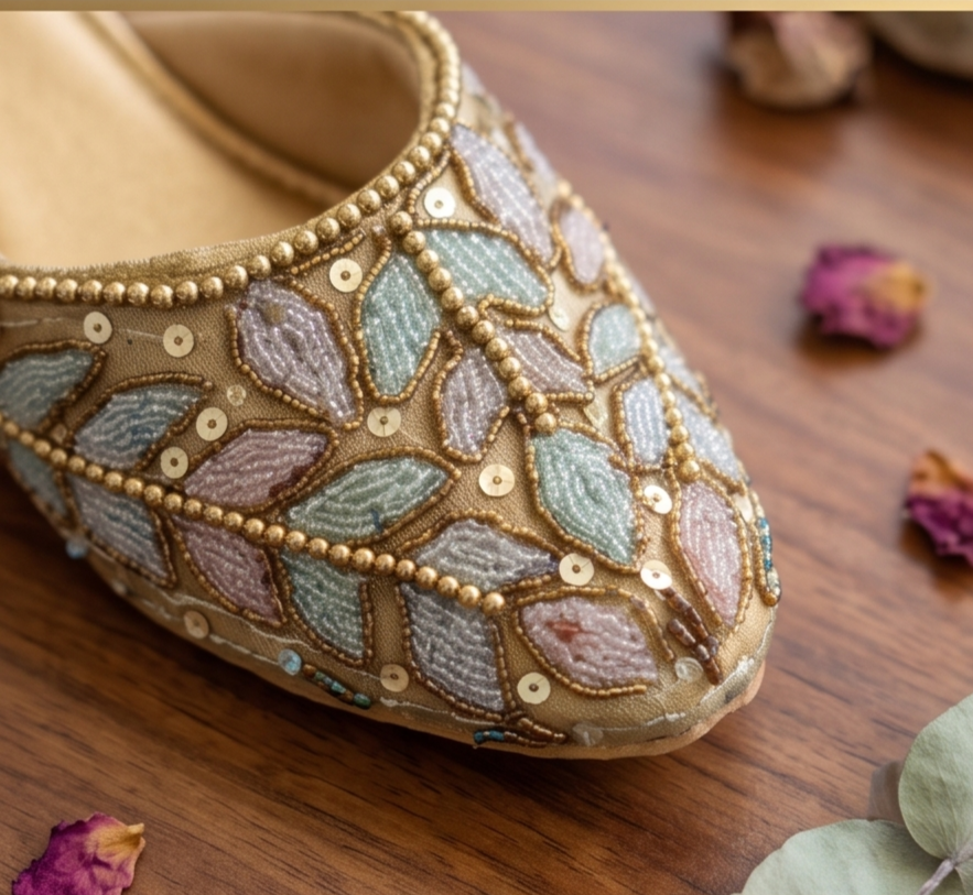 Pastel Embellished Gold Flat Mules