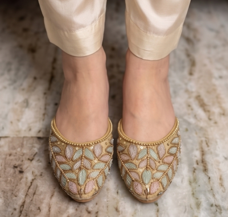 Pastel Embellished Gold Flat Mules