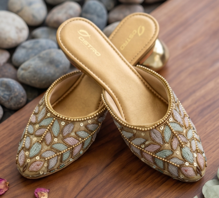 Pastel Embellished Gold Flat Mules