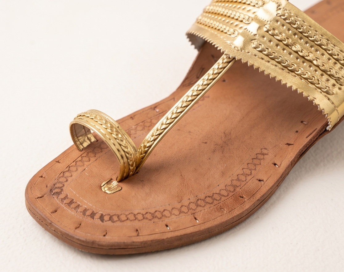 Women's Handcrafted Gold Leather Kolhapuri Chappals with Toe-Loop