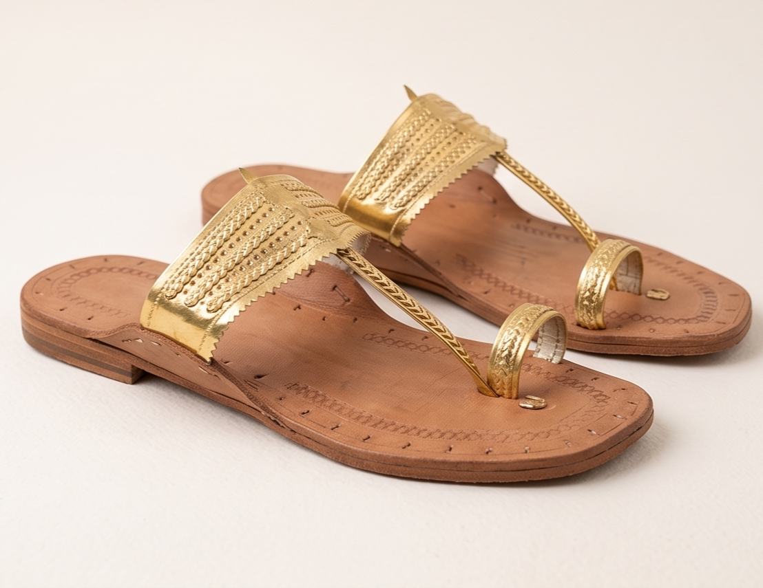 Women's Handcrafted Gold Leather Kolhapuri Chappals with Toe-Loop