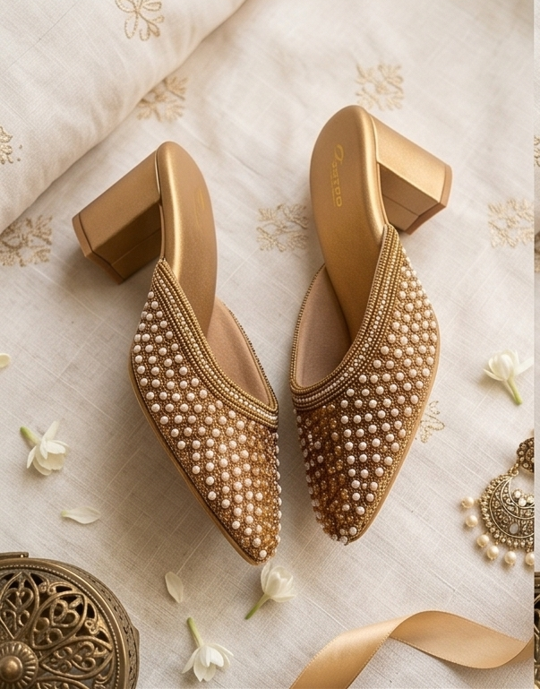 Pearl-Embellished Gold Block Heel Mules
