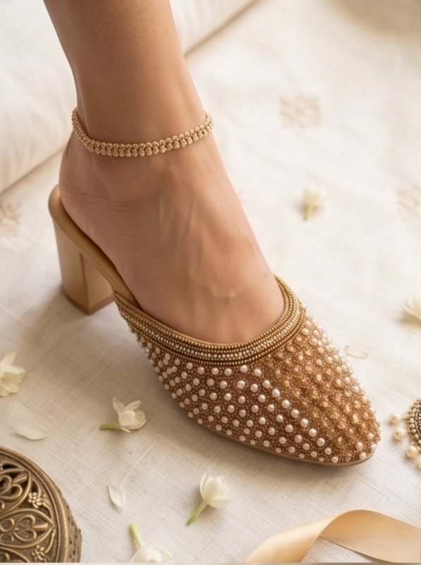Pearl-Embellished Gold Block Heel Mules