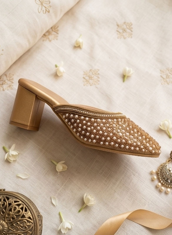 Pearl-Embellished Gold Block Heel Mules
