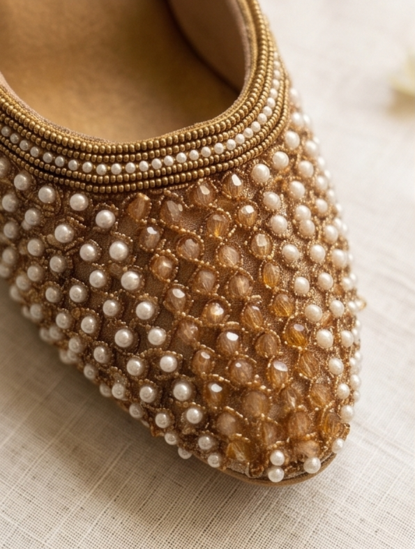 Pearl-Embellished Gold Block Heel Mules