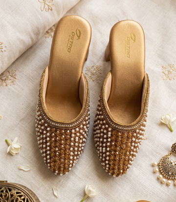 Pearl-Embellished Gold Block Heel Mules