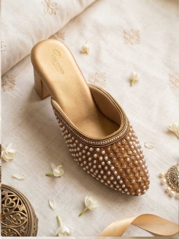 Pearl-Embellished Gold Block Heel Mules