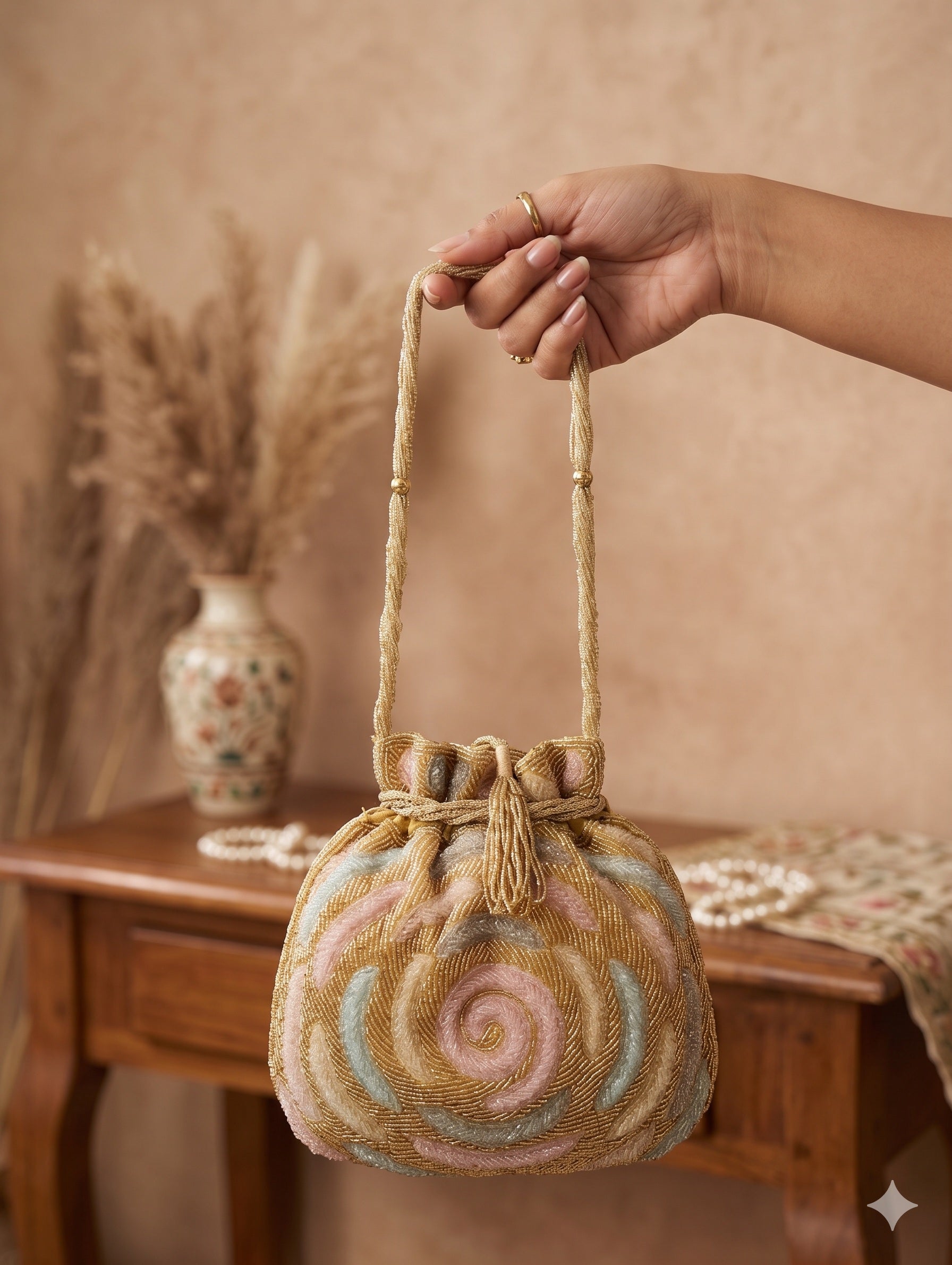 Gold Handbeaded Rose Pattern Potli Bag