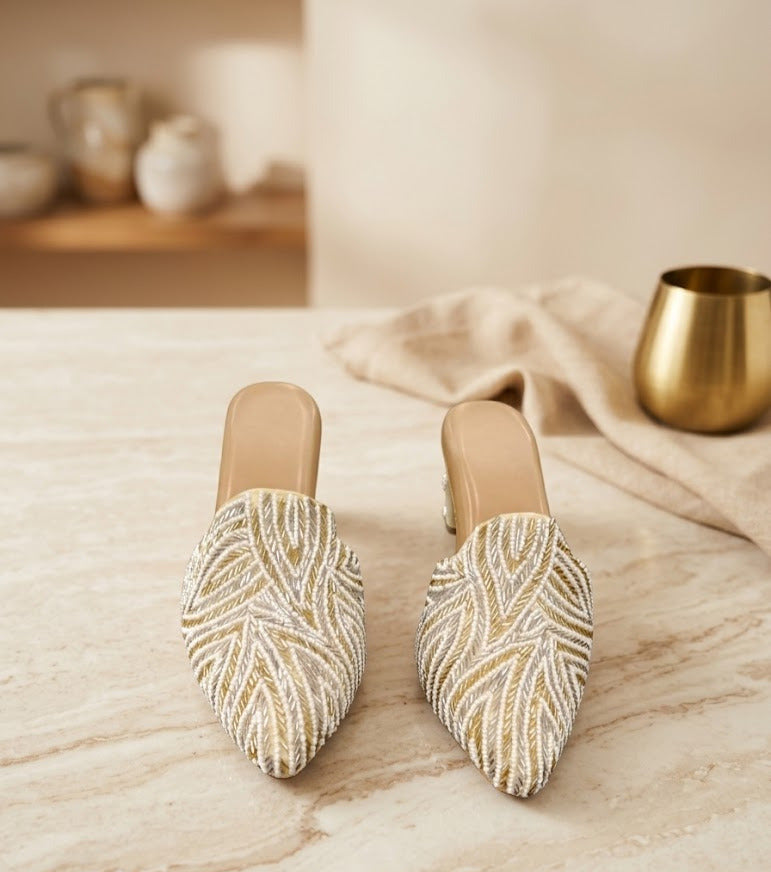 Pearl-Embroidered Cream & Gold Block Heel Mules