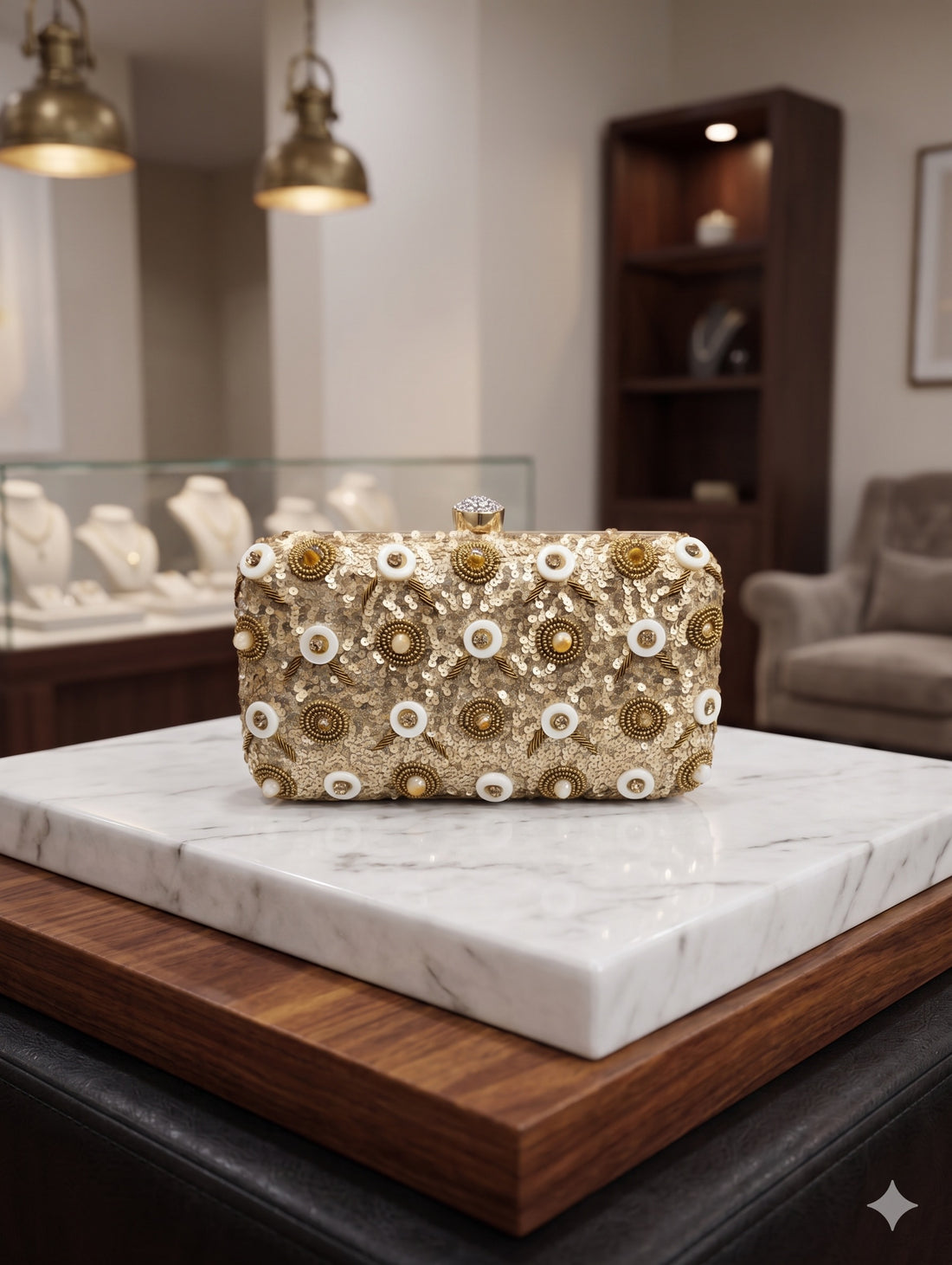 Golden Sunburst Sequin Box Clutch