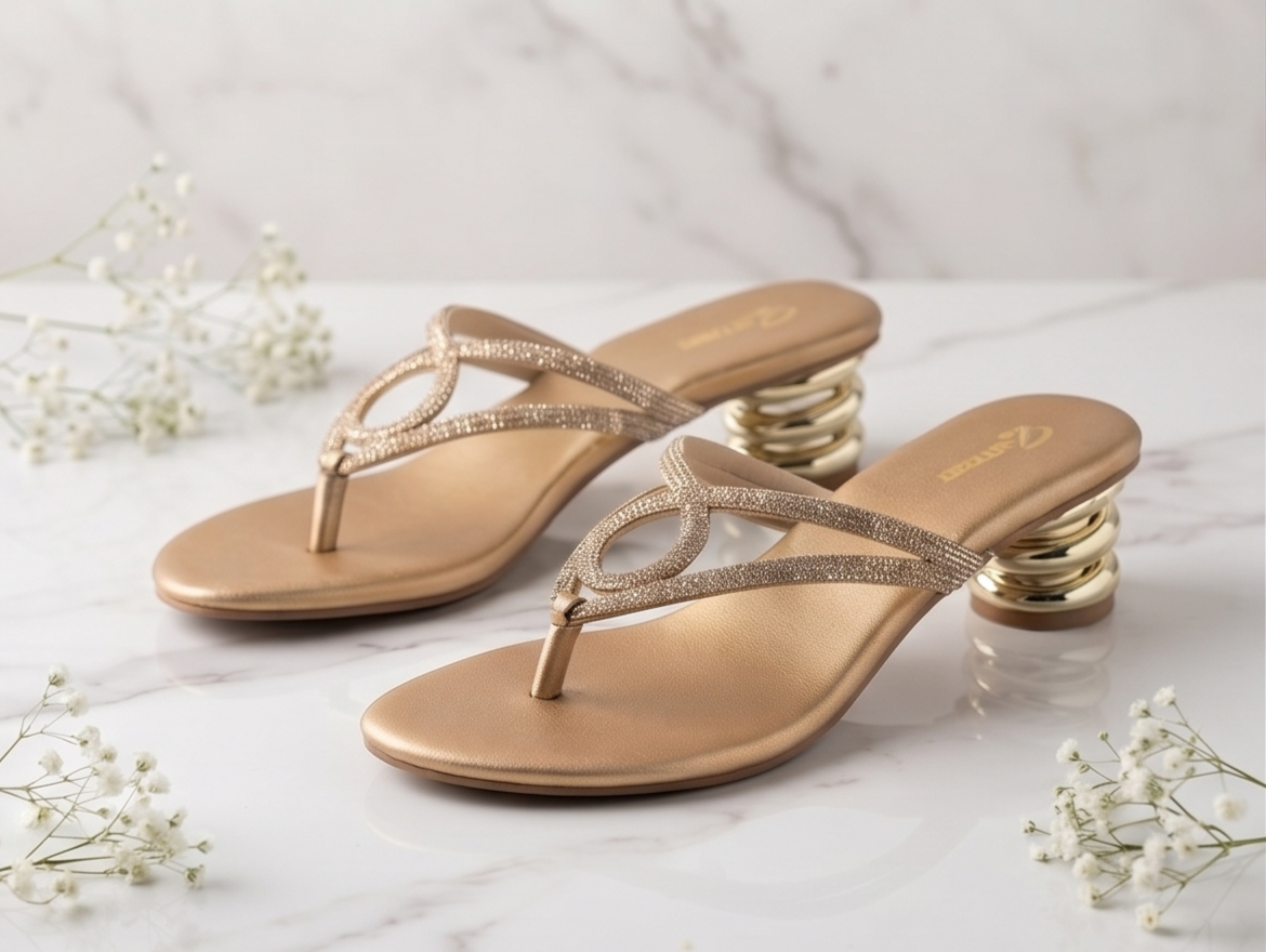 Rose Gold Shimmer Thong Sandals with Sculpted Metallic Block Heel