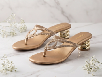 Rose Gold Shimmer Thong Sandals with Sculpted Metallic Block Heel