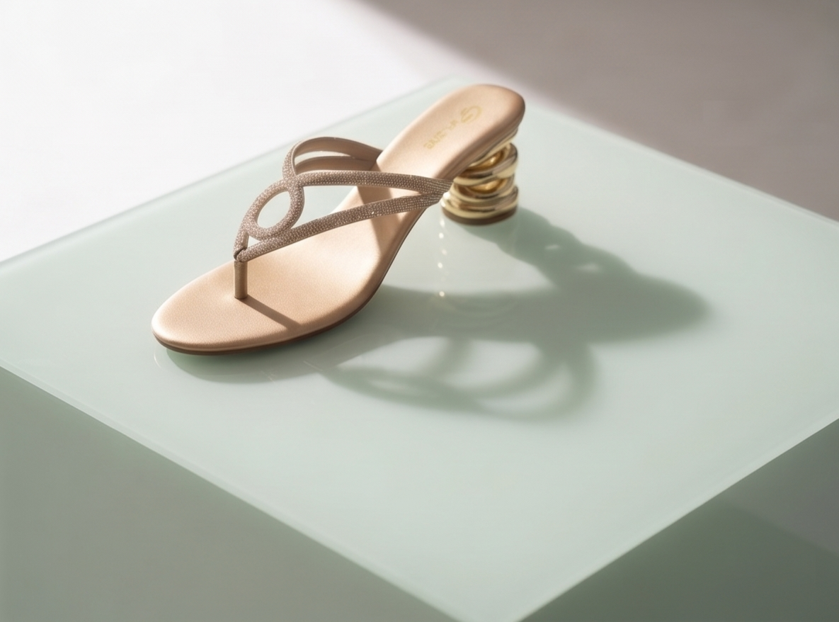 Rose Gold Shimmer Thong Sandals with Sculpted Metallic Block Heel