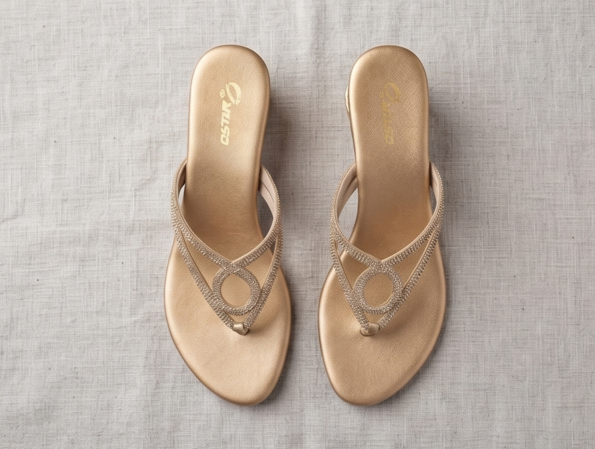Rose Gold Shimmer Thong Sandals with Sculpted Metallic Block Heel