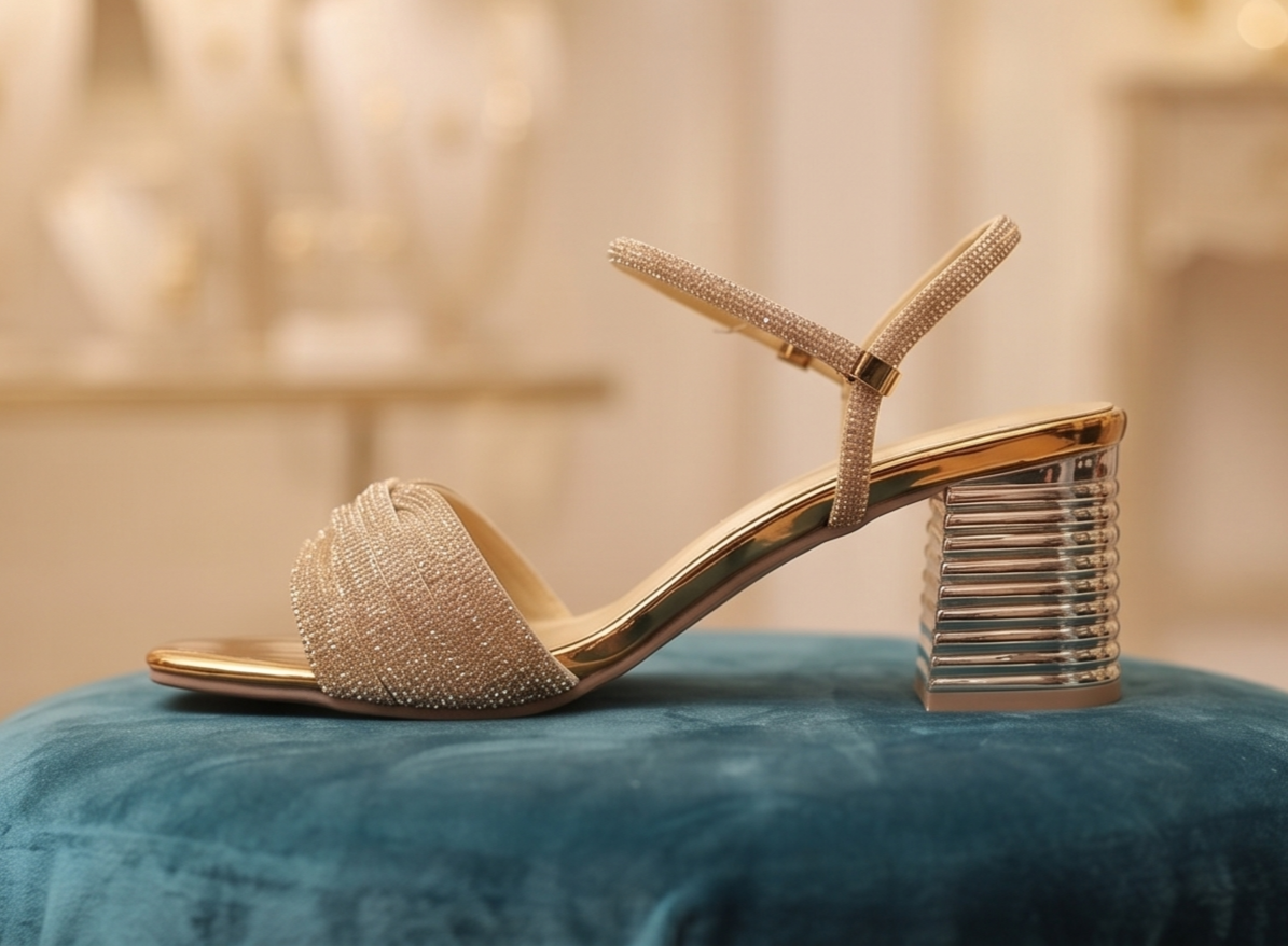 Gold Shimmer Twist Sandals with Sculpted Metallic Block Hee