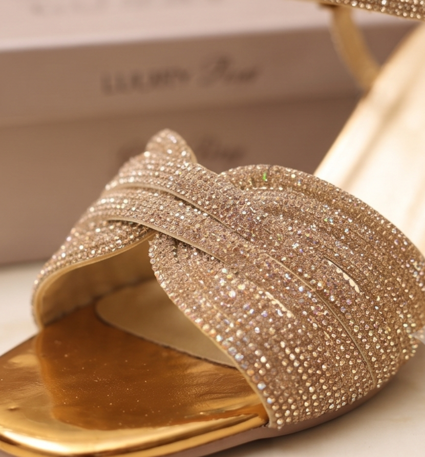 Gold Shimmer Twist Sandals with Sculpted Metallic Block Hee