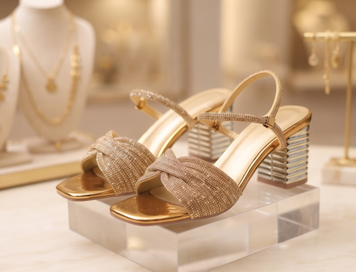 Gold Shimmer Twist Sandals with Sculpted Metallic Block Hee