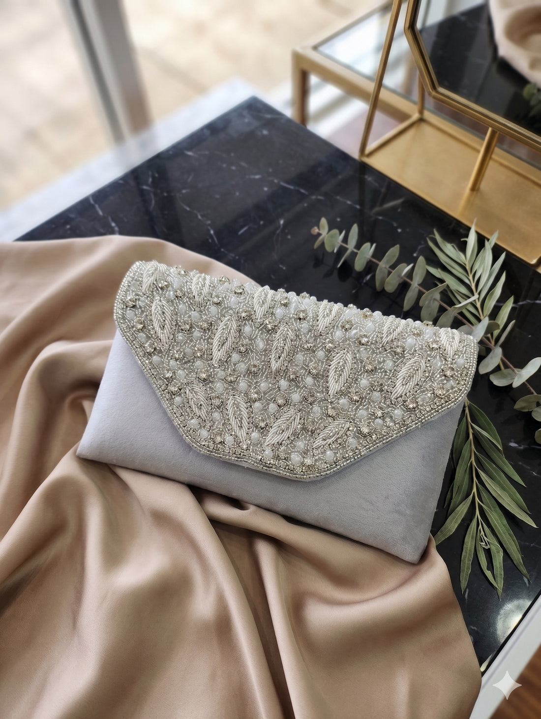 Grey Velvet Embellished Clutch