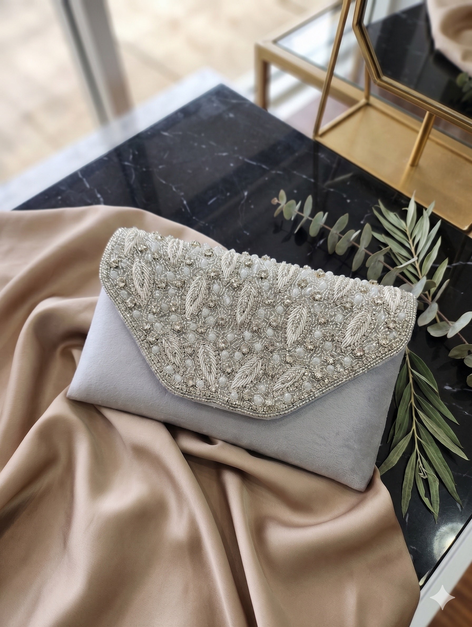 Grey Velvet Embellished Clutch
