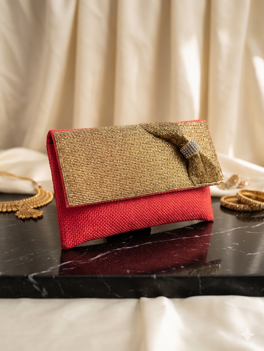 Hand-Beaded Gold Bow Festive Bag