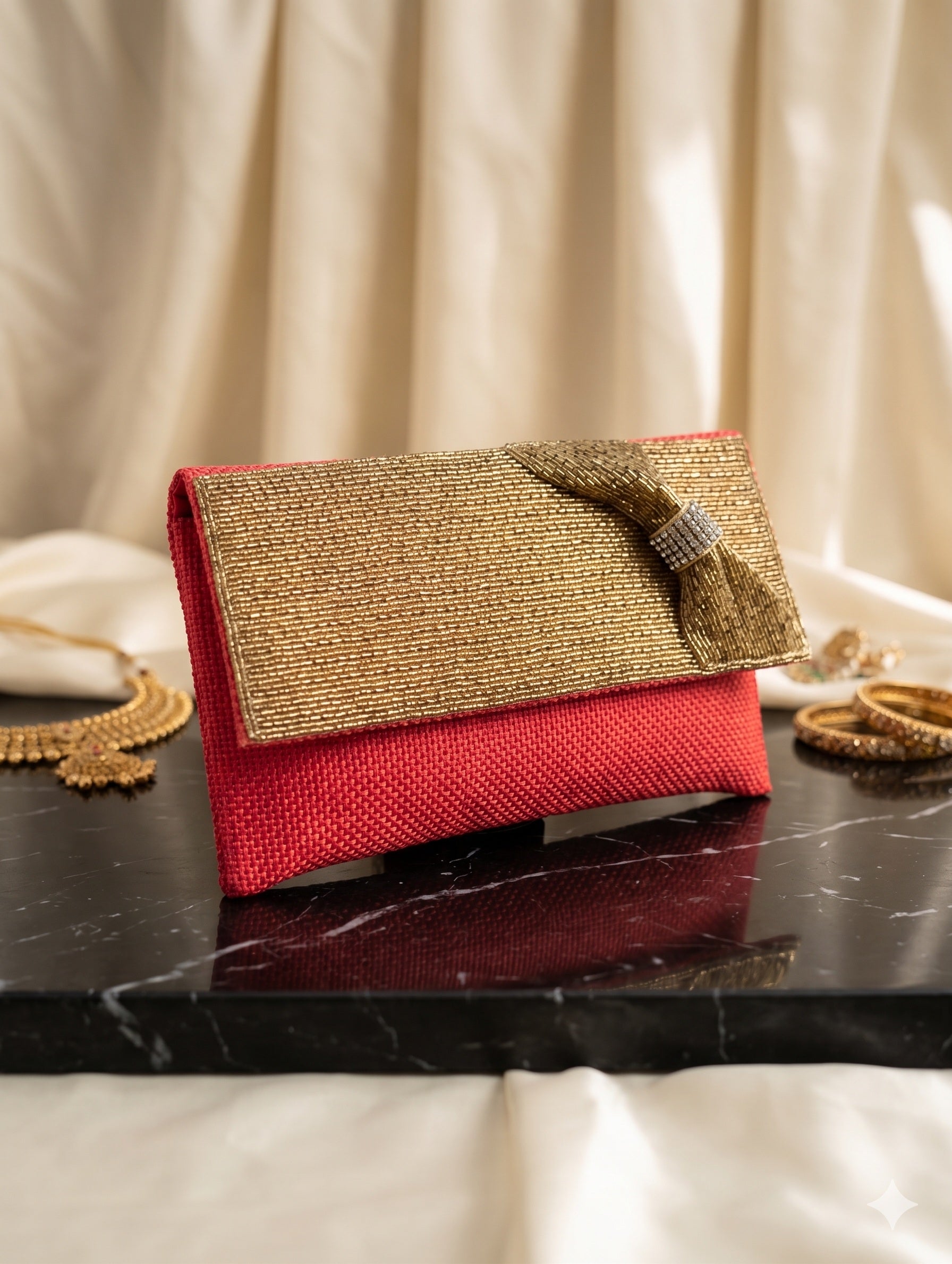 Hand-Beaded Gold Bow Festive Bag