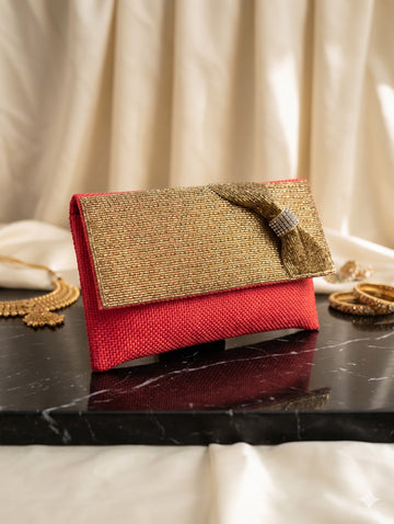 Hand-Beaded Gold Bow Festive Bag