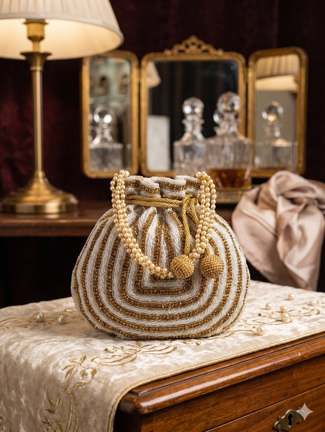 Handbeaded Gold & White Pearl Potli Purse