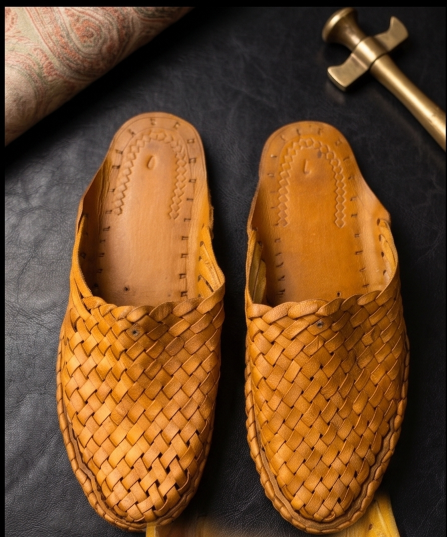 Handcrafted Tan Woven Leather Slip-On Mules