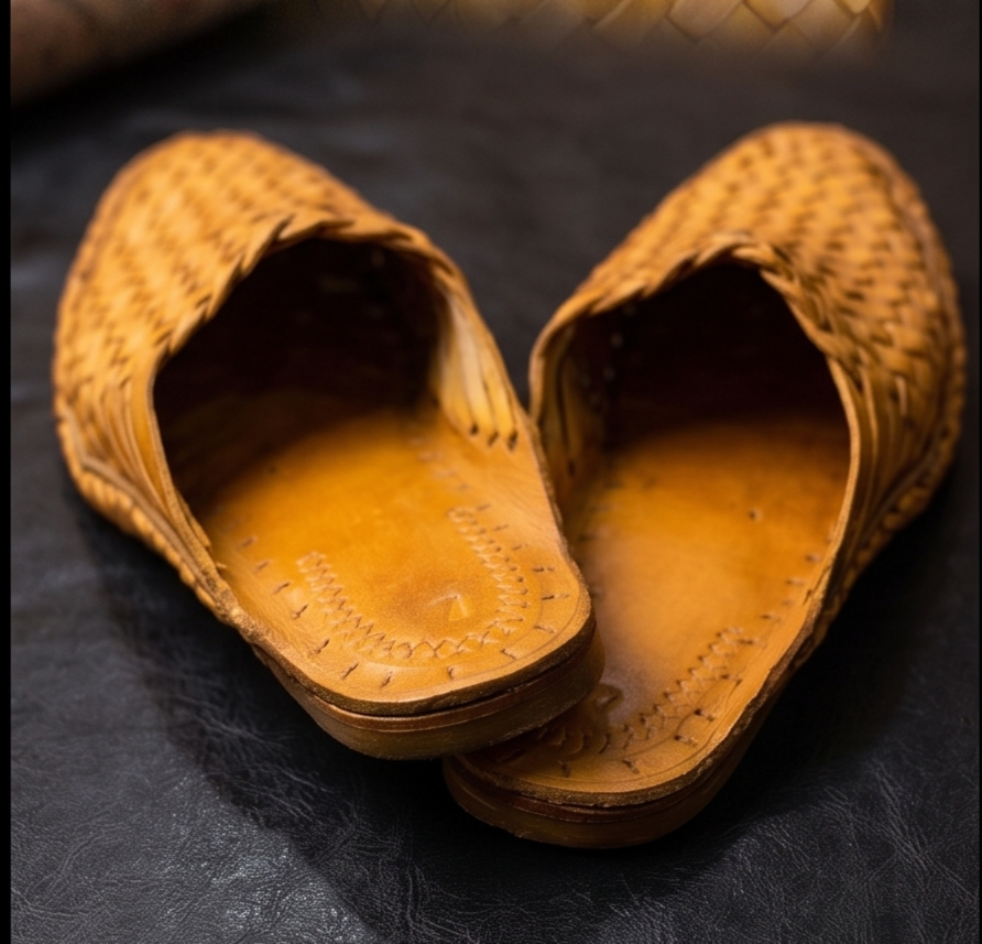 Handcrafted Tan Woven Leather Slip-On Mules