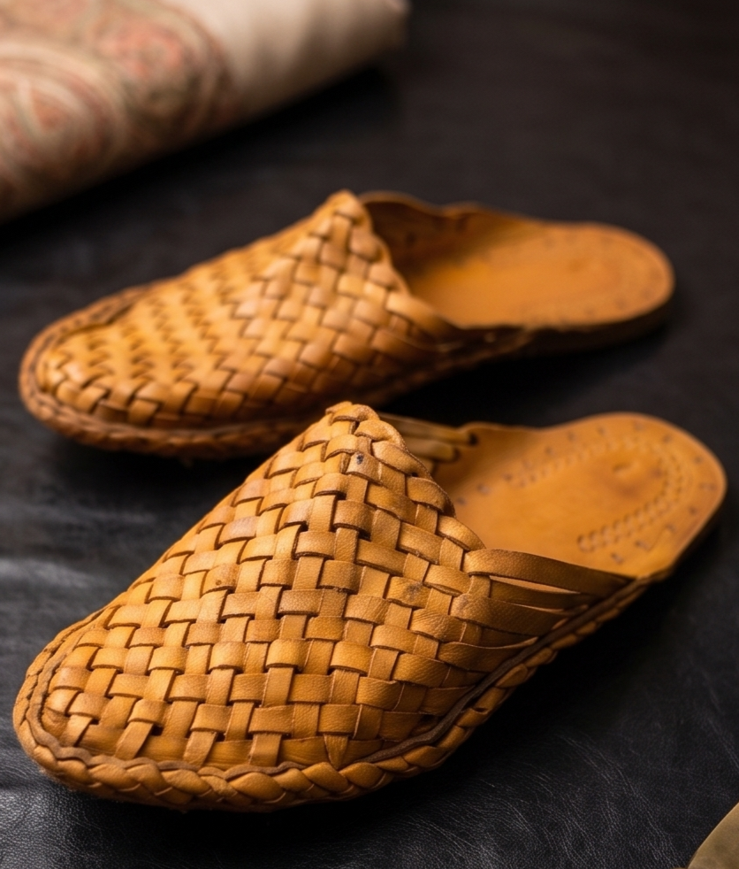 Handcrafted Tan Woven Leather Slip-On Mules