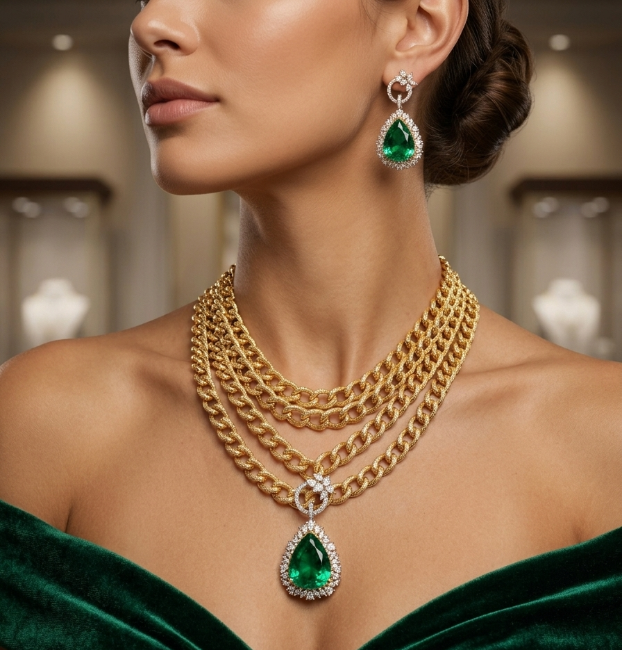 Multi-Strand Gold Chain & Pear Emerald CZ Set