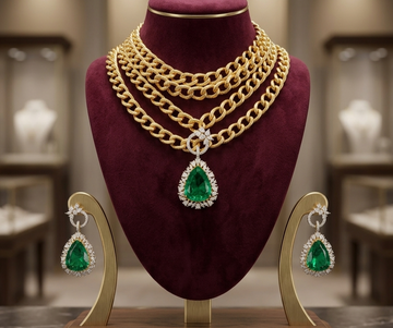 Multi-Strand Gold Chain & Pear Emerald CZ Set